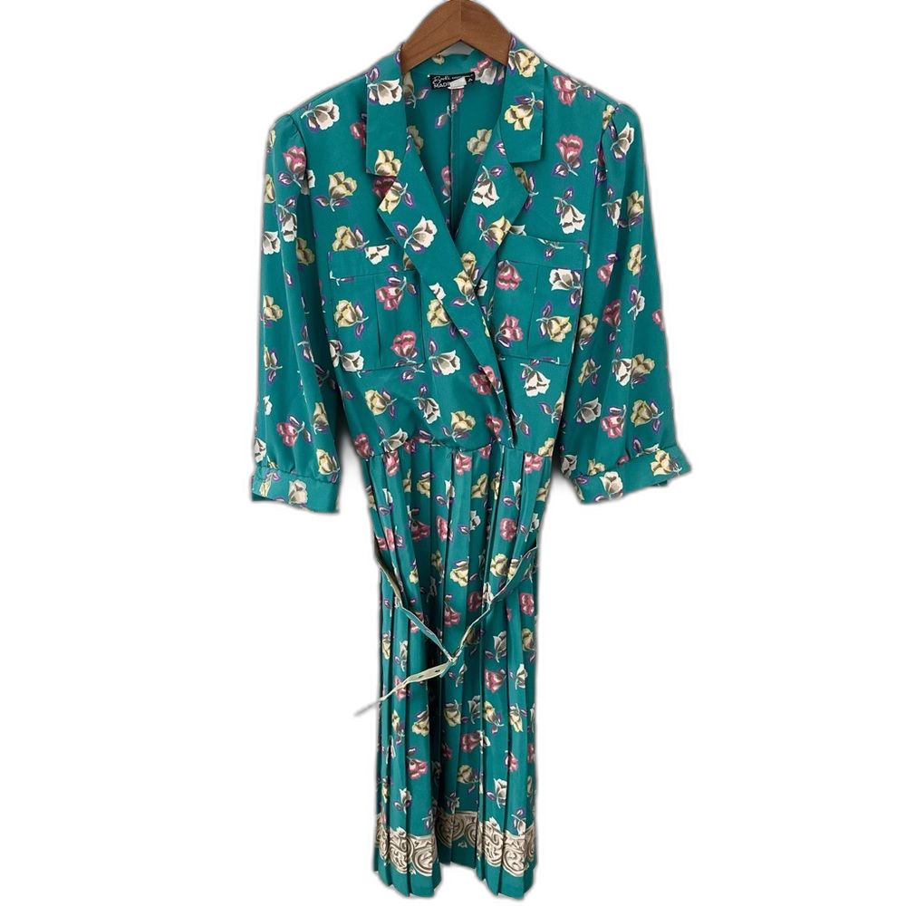 Breli Originals Vintage Teal Floral Belted V-Neck Midi Dress Size 14